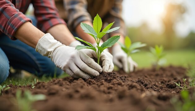 Volunteers plant tree seedling in soil, working together for environment conservation, sustainable future. Teamwork plants new green life for Earth. Eco activists take care of nature, planet