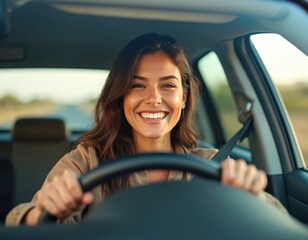 Happy woman drives car smiling. Positive female driver enjoys road trip in sunlit vehicle. Portrait of joyful girl travel by auto on sunny day. Freedom, independence, confidence, lifestyle.