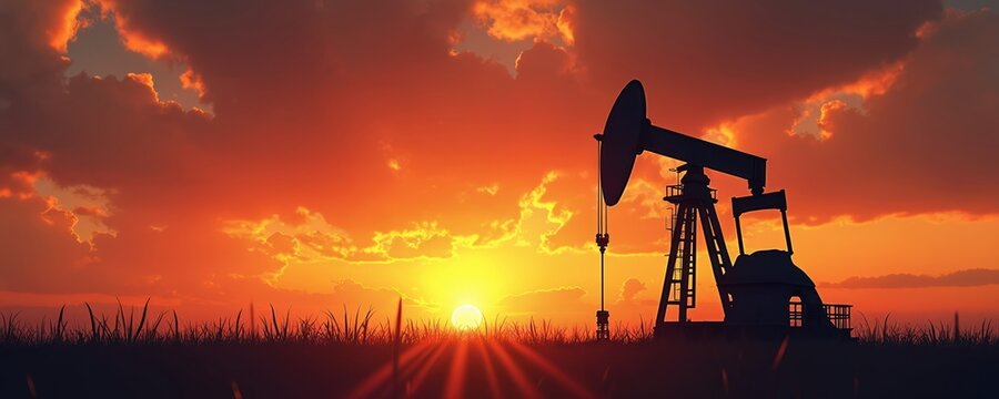 Silhouette of pumpjack against fiery sunset. Oil extraction industry concept. Energy resource production. Natural resource exploration. Orange sky, golden light, dramatic landscape. Oil rig on