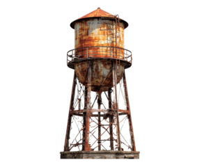 Rusty water tower standing tall in an abandoned area