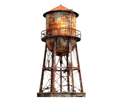 Rusty water tower standing tall in an abandoned area
