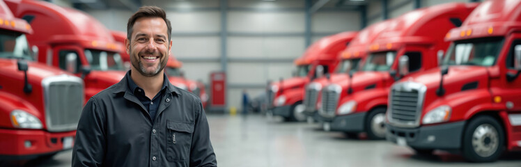 Smiling trucking business owner poses in front of fleet of red semi-trucks in warehouse. Confident entrepreneur stands proudly. Logistics company, freight transport, cargo delivery, successful small