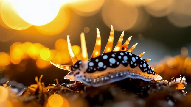 Close-up of nudibranch with white spots and orange cerata, showcasing underwater marine life and bokeh background with warm hues and golden light.