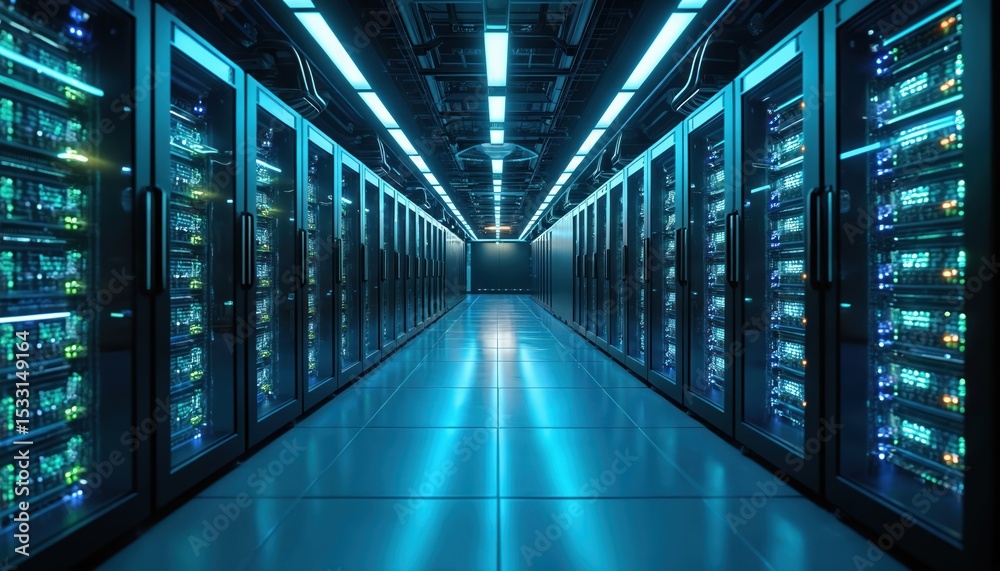 Poster Sleek server room with illuminated racks reflecting cool blue, green lights off polished floor. Futuristic tech ambiance data center. High tech computing, data storage, processing, network
