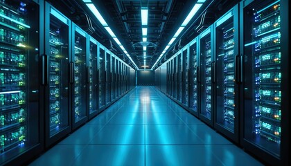 Sleek server room with illuminated racks reflecting cool blue, green lights off polished floor. Futuristic tech ambiance data center. High tech computing, data storage, processing, network