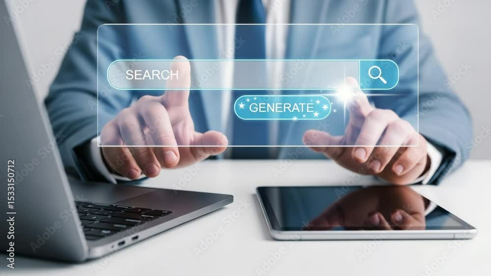 Poster Man interacting with search and generate buttons on a digital interface with devices nearby