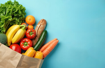Obraz na płótnie Canvas Grocery paper bag full fresh fruits vegetables on blue background. Variety of organic food. Healthy eating diet concept. Delivery service shopping concept. Flat lay, top view, copy space. Fresh food