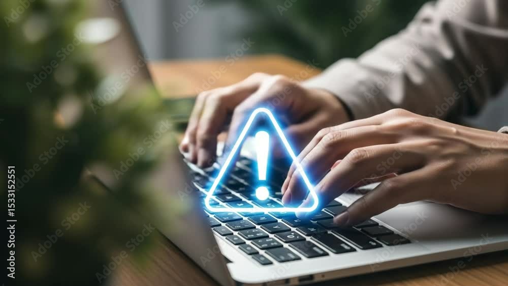 Poster close up of hands typing on laptop keyboard with blue warning sign overlayed on the screen view
