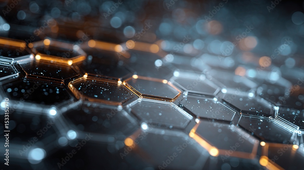 Poster glowing layered translucent hexagons with linked conduits