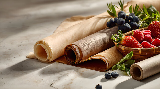 various tklapi sheets and rolls with fresh fruit and herbs on a light stone surface