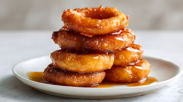 Golden crispy picarones stacked on a white plate with spiced syrup drizzle, light neutral background