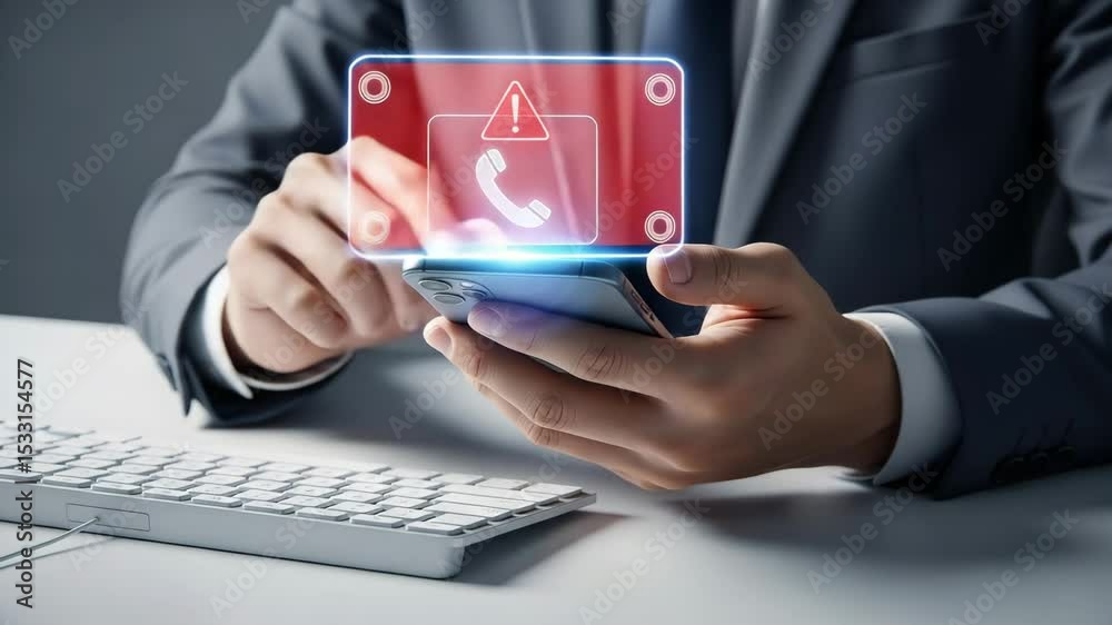 Poster Man holding smartphone with call alert notification over keyboard on a white surface at a desk