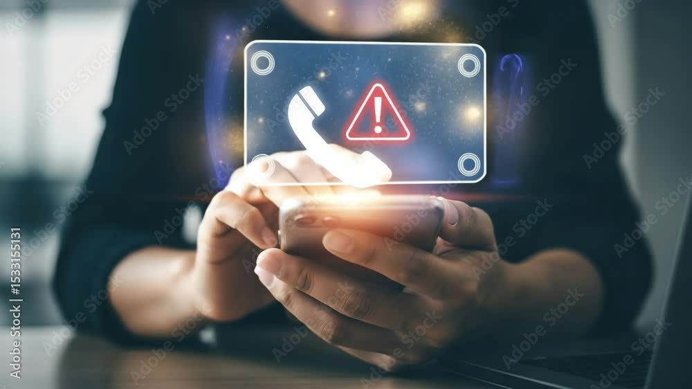 Aufkleber person holding mobile phone with incoming call notification and warning sign displayed above it