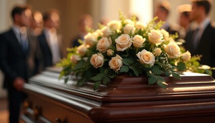 Funeral service with casket bouquet. Flowers arrangement on top of coffin. People in suits blurred background. Ceremony, mourning, remembrance, grieving. Sympathy, respect, tribute to dead.