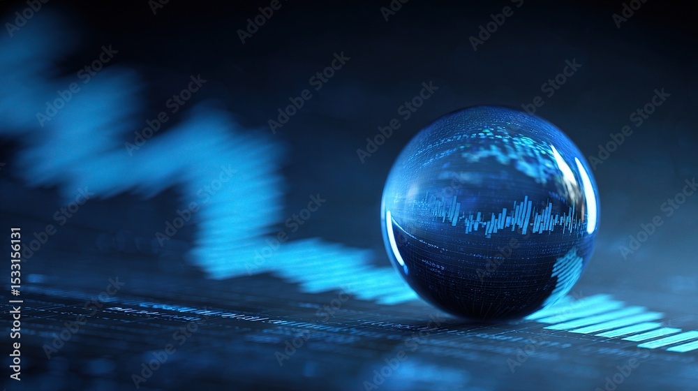 Poster pulsating blue sphere enveloped by transparent elements in motion