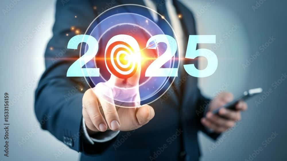Poster A man in a suit pointing at a target with the year two thousand twenty five in light blue color