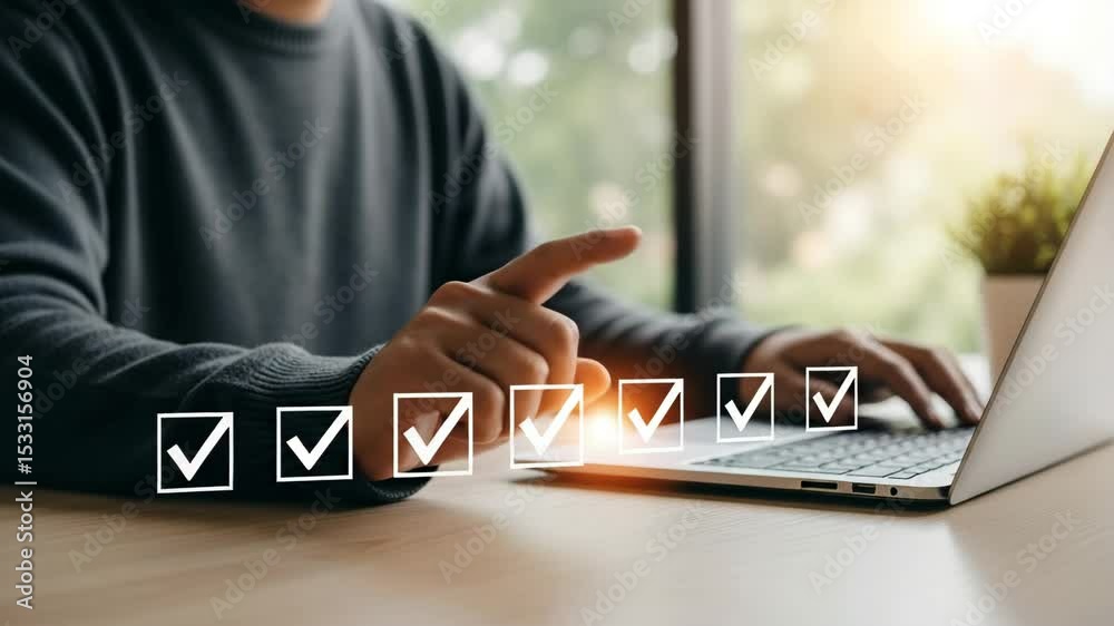 Poster person pointing at checklist on laptop screen with natural light in the background indoors