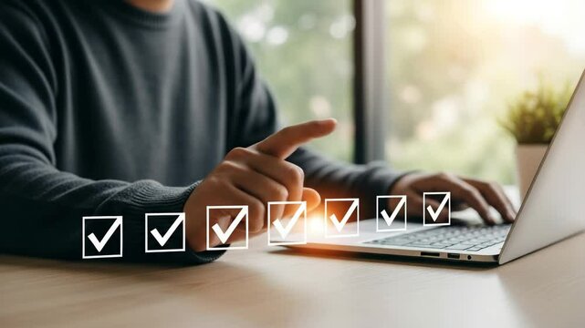 Person pointing at checklist on laptop screen with natural light in the background indoors