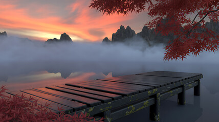 Serene Sunset over Misty Mountains and Wooden Dock
