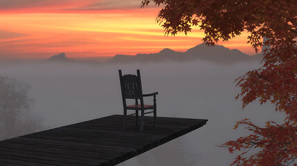 Solitary Chair on a Misty Mountaintop at Sunset