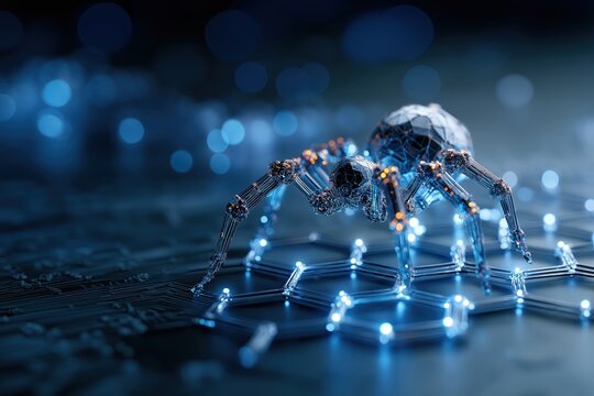 Nano robot with glowing elements on a digital circuit board during a nighttime setting - Powered by Adobe