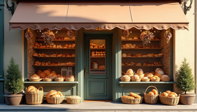 Charming bakery storefront featuring inviting entrance. Fresh bread, various pastry, baked goods displayed in baskets, shelves, on display. Traditional rustic decor with plants, flowers. Cosy shop - Powered by Adobe