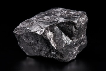 Chunk of tantalum metal displayed against a black background showcasing its metallic luster and unique texture