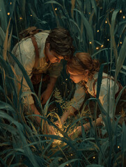 Couple exploring the enchanting tall grass under a starry sky