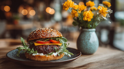 Savory burger artfully arranged on a table with elegant decor at cafe