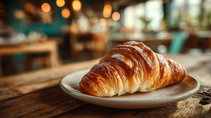 Delicious croissant resting on a plate in a cozy cafe setting