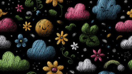 Delightful summer illustration of cute flowers and clouds with happy faces