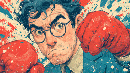 Nerdy guy in glasses takes a humorous punch on a vibrant street