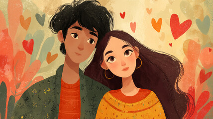 Couple in love surrounded by colorful hearts sharing a sweet moment