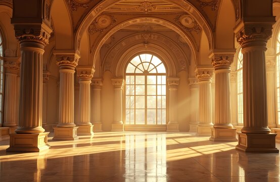 Elegant palace interior hall with columns, large arched window. Sunbeams shine through. Classical architecture, gold, marble floor. Luxurious royal living room, fantasy castle church interior.