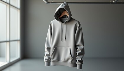 Grey Hoodie Standing on Display with Modern Setting. Mockup template for design print.