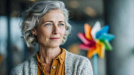 Mature businesswoman reflecting during a colorful corporate event indoors