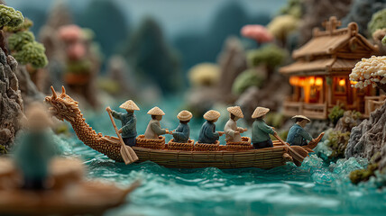 Journey through a miniature landscape with paddlers navigating the river