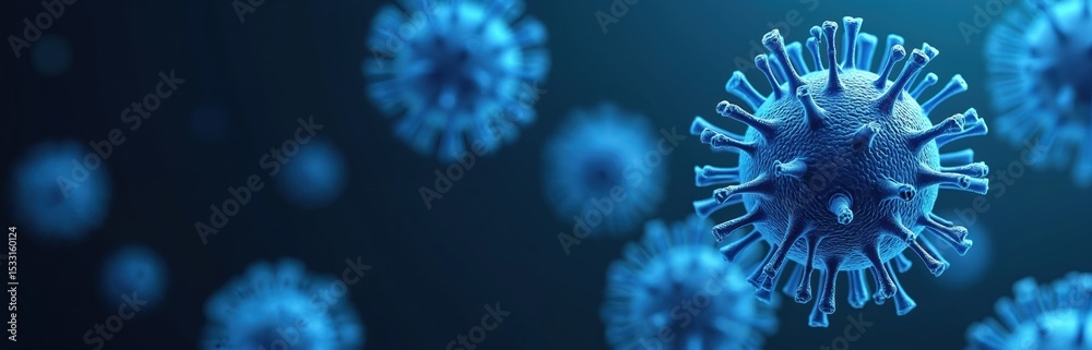 Poster 3d render of coronavirus cells in blue. microscopic view of virus structure. scientific illustration