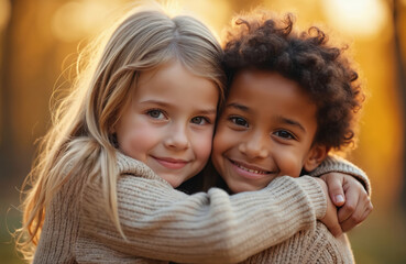 Two children of different races hug, show friendship. Diverse kids embrace each other. Happy faces express love, care, joy. Childhood fun, relationships, multi-ethnic kids. Friendship concept.