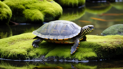 Fototapeta premium Colorful turtle on mossy rock in serene pond scene