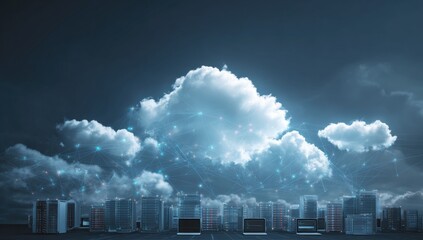 Glowing cloud illuminated network above a cityscape of servers and laptops at night