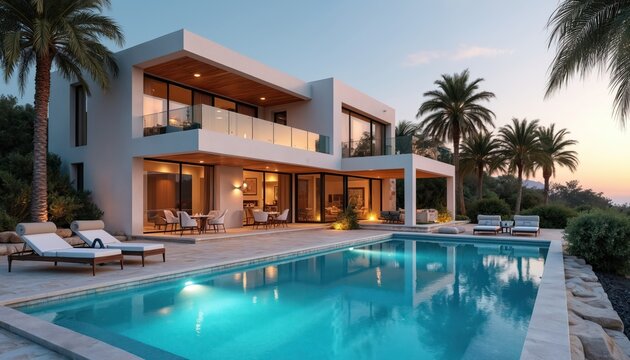 Modern luxury villa with swimming pool. Exterior design house with pool, tropical landscaping, palm trees. Building on vacation resort. Relaxing holidays at sunset. Home design. Real estate property