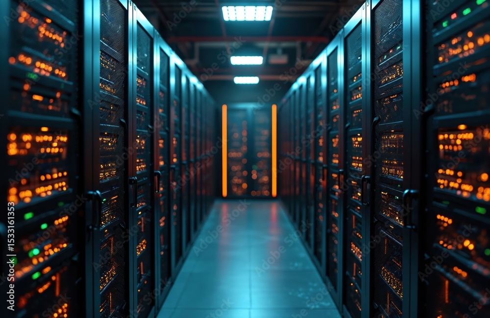 Poster Server room with network servers racks. Datacenter equipment, glowing indicators, neatly organized cables, modern technology and data storage, web hosting. Digital age infrastructure.