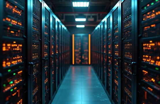 Server room with network servers racks. Datacenter equipment, glowing indicators, neatly organized cables, modern technology and data storage, web hosting. Digital age infrastructure.