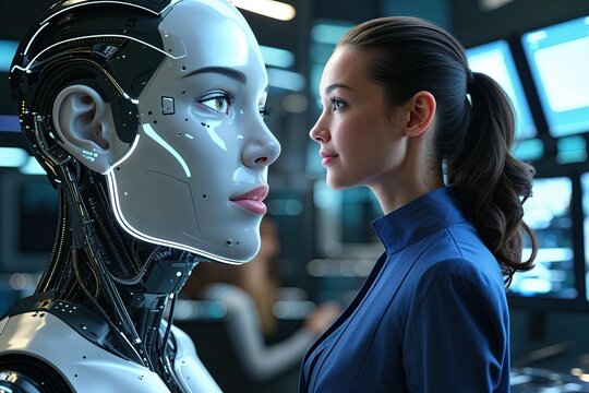 Smart Woman Interacting with AI Generated Face in Futuristic Digital Artwork