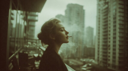 Woman enjoys a quiet moment on balcony as city fog drifts upwards