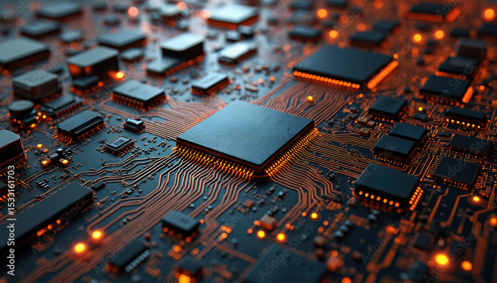 Poster Intricate detail of circuit board, showing complex tech layout. Interconnected electronic components, microchips, processors, resistors, capacitors. Digital transformation, hardware, motherboard,