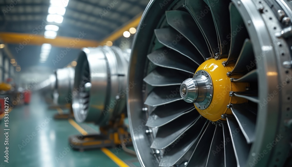 Poster aeronautical turbine in workshop. technology, engineering, mechanical components, part assembly. pro