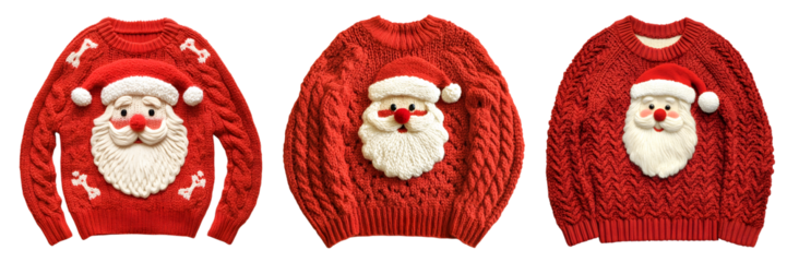 Three festive red cableknit christmas sweaters, each adorned with an appliqu santa face, isolated on transparent background