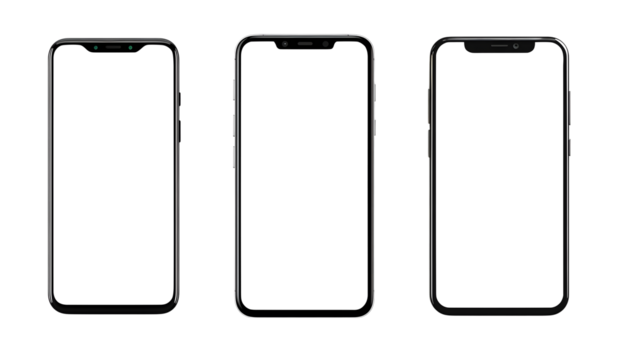 Three sleek black smartphones, isolated on transparent background, display blank screens ready for app design